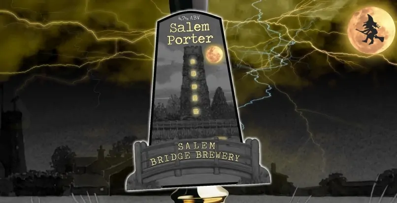 Salem Porter Banner Lightning with a Witch on a broomstick flying past the moon