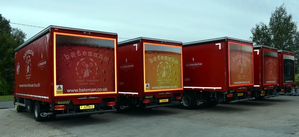 Rear view of the new fleet of Batemans' delivery lorries