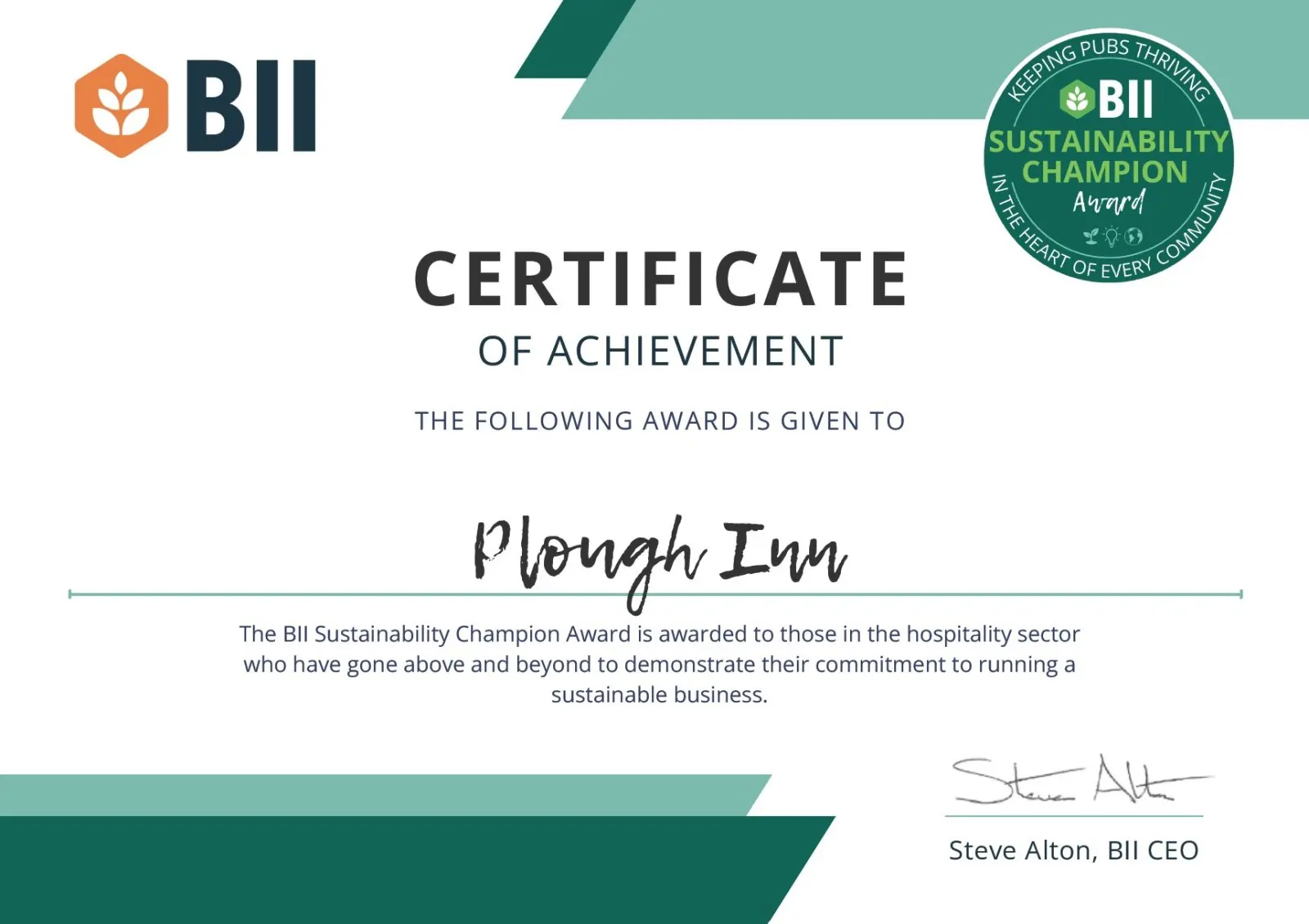 The Plough, Horbling - BII Sustainability Award Certificate