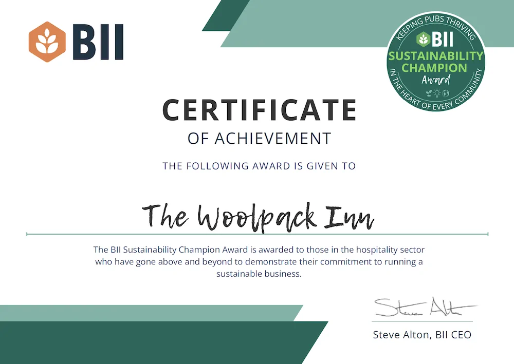 The Woolpack Inn certificate of achievement