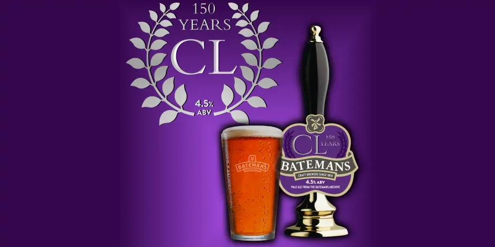 Batemans 150 CL Pump Clip and Pint of Beer on Purple Background with 150 Years CL