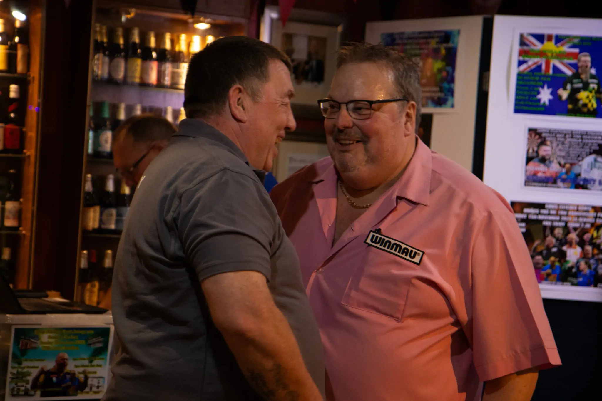 Peter Manley Pro Darts Player at the Batemans 150th anniversary celebrations darts with one of the competitors Mark Williams landlord from The White Hart, Old Leake