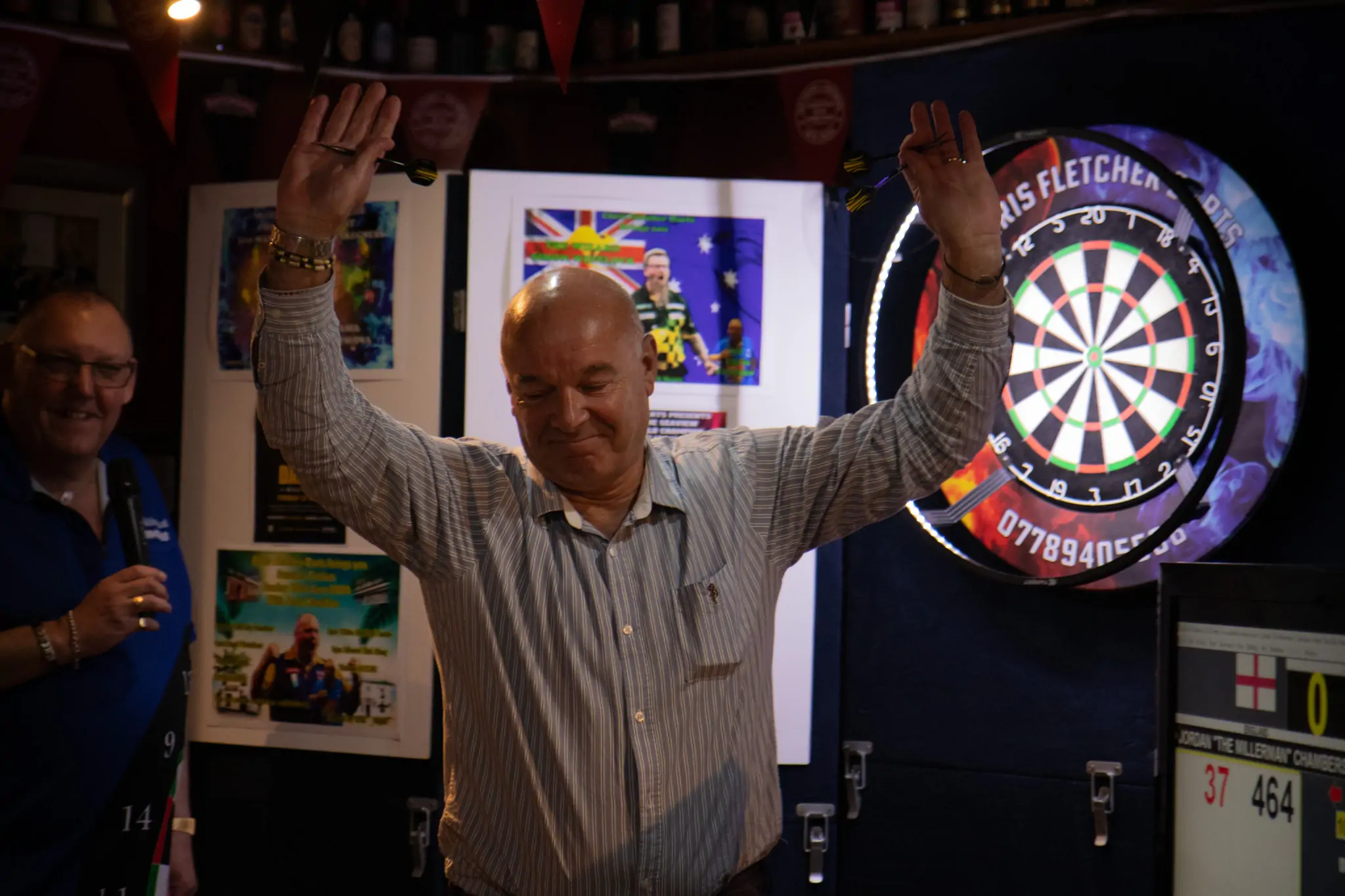 Peter Manley Pro Darts Player at the Batemans 150th anniversary celebrations darts - Stuart Bateman celebrating.