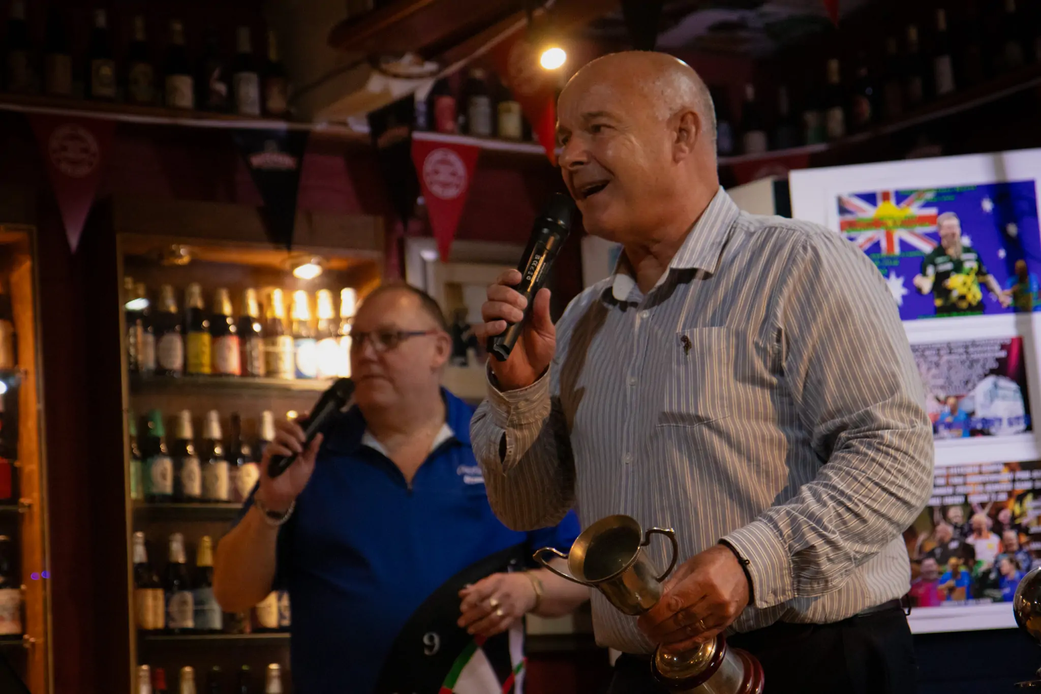 Peter Manley Pro Darts Player at the Batemans 150th anniversary celebrations darts - Stuart Bateman and Chris Fletcher on the Microphone.