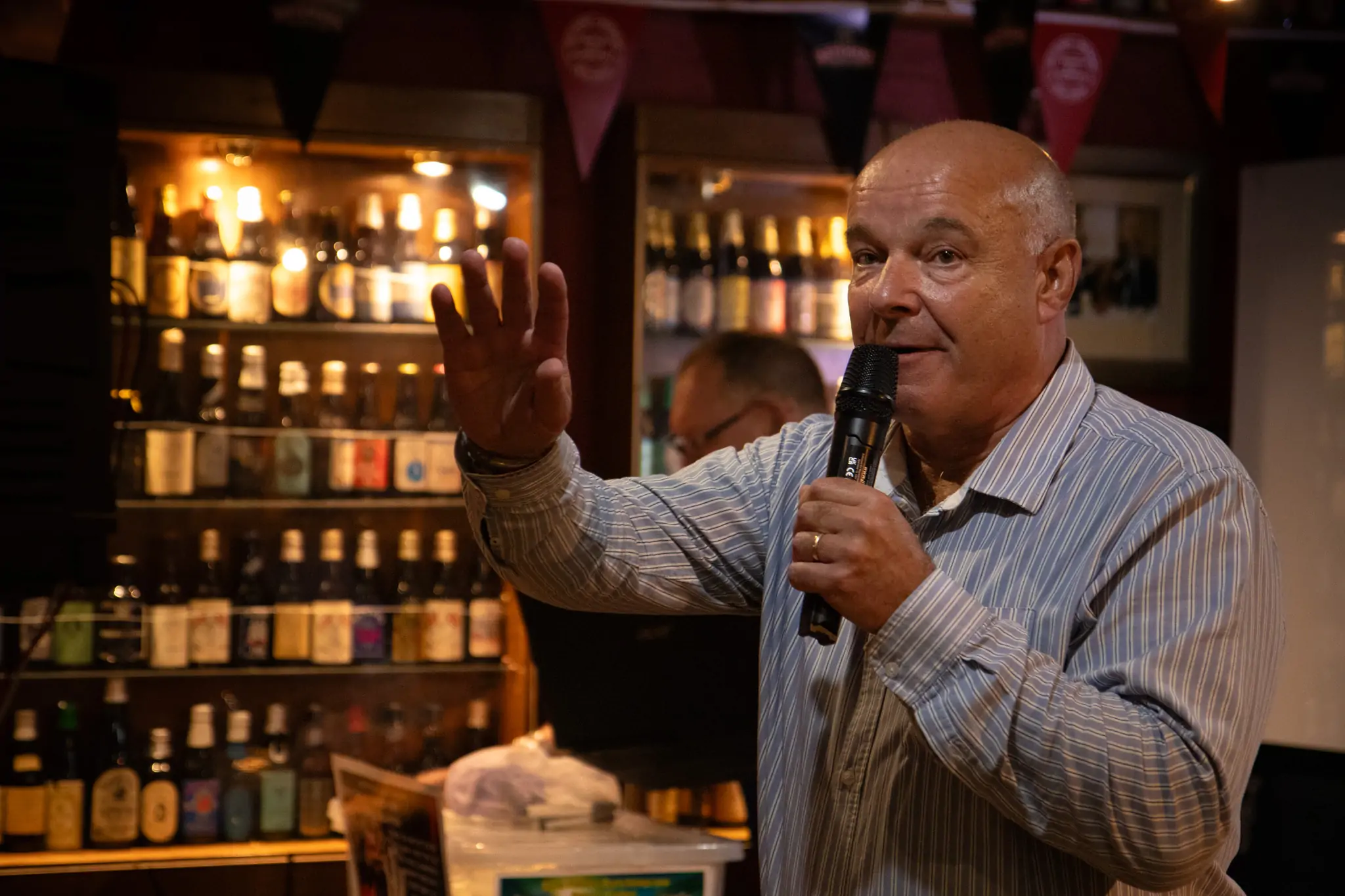 Peter Manley Pro Darts Player at the Batemans 150th anniversary celebrations darts - Stuart Bateman on the Microphone.
