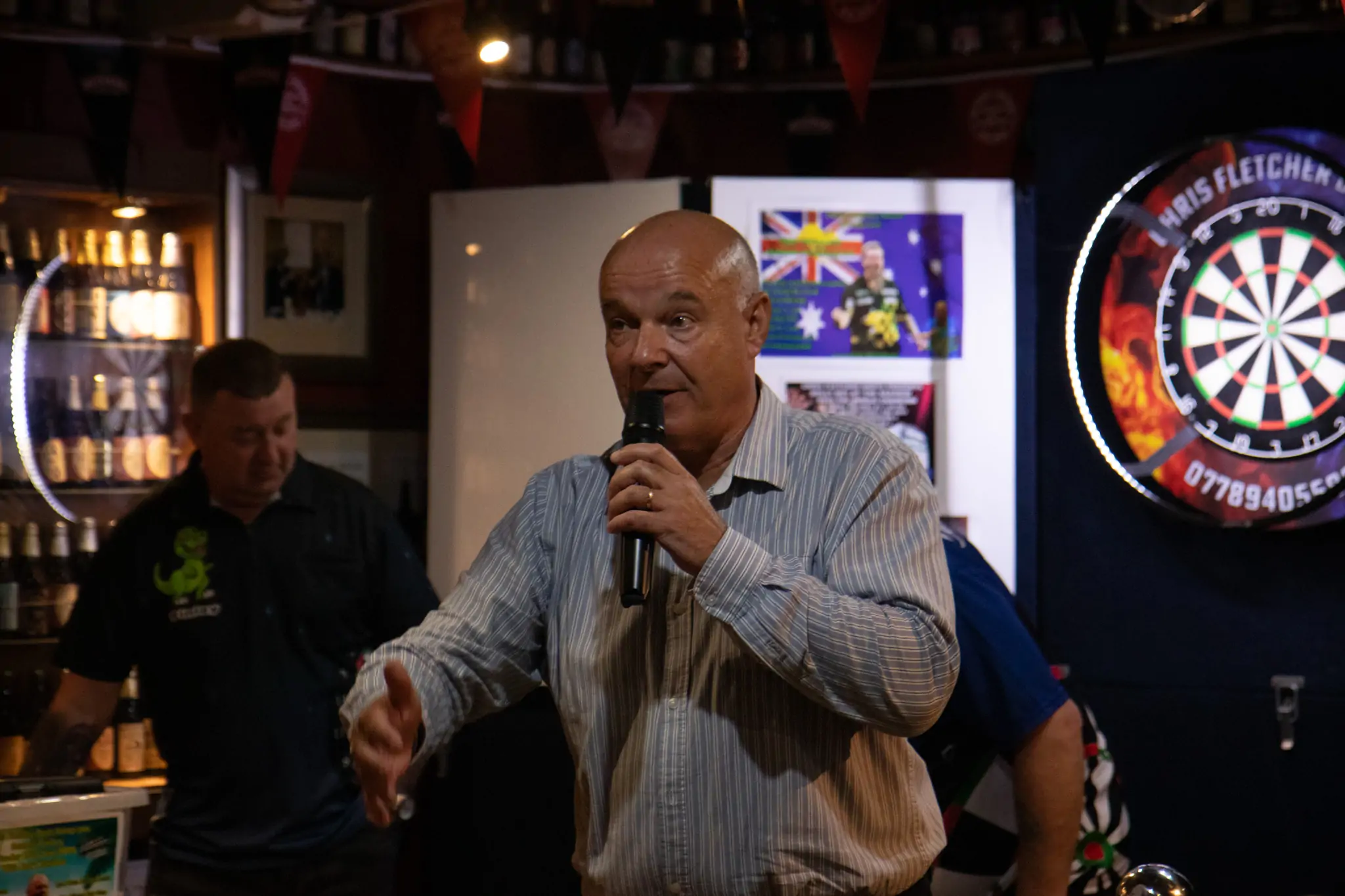 Peter Manley Pro Darts Player at the Batemans 150th anniversary celebrations darts - Stuart Bateman on the Microphone.
