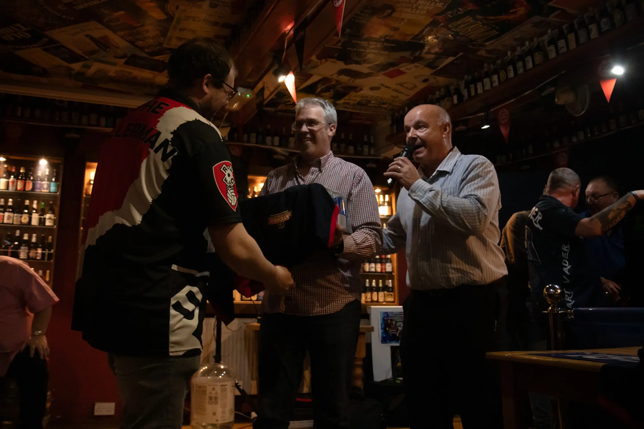 Peter Manley Pro Darts Player at the Batemans 150th anniversary celebrations darts - Presentation to the Winner Jordan Chambers, Stuart Bateman on the Microphone.
