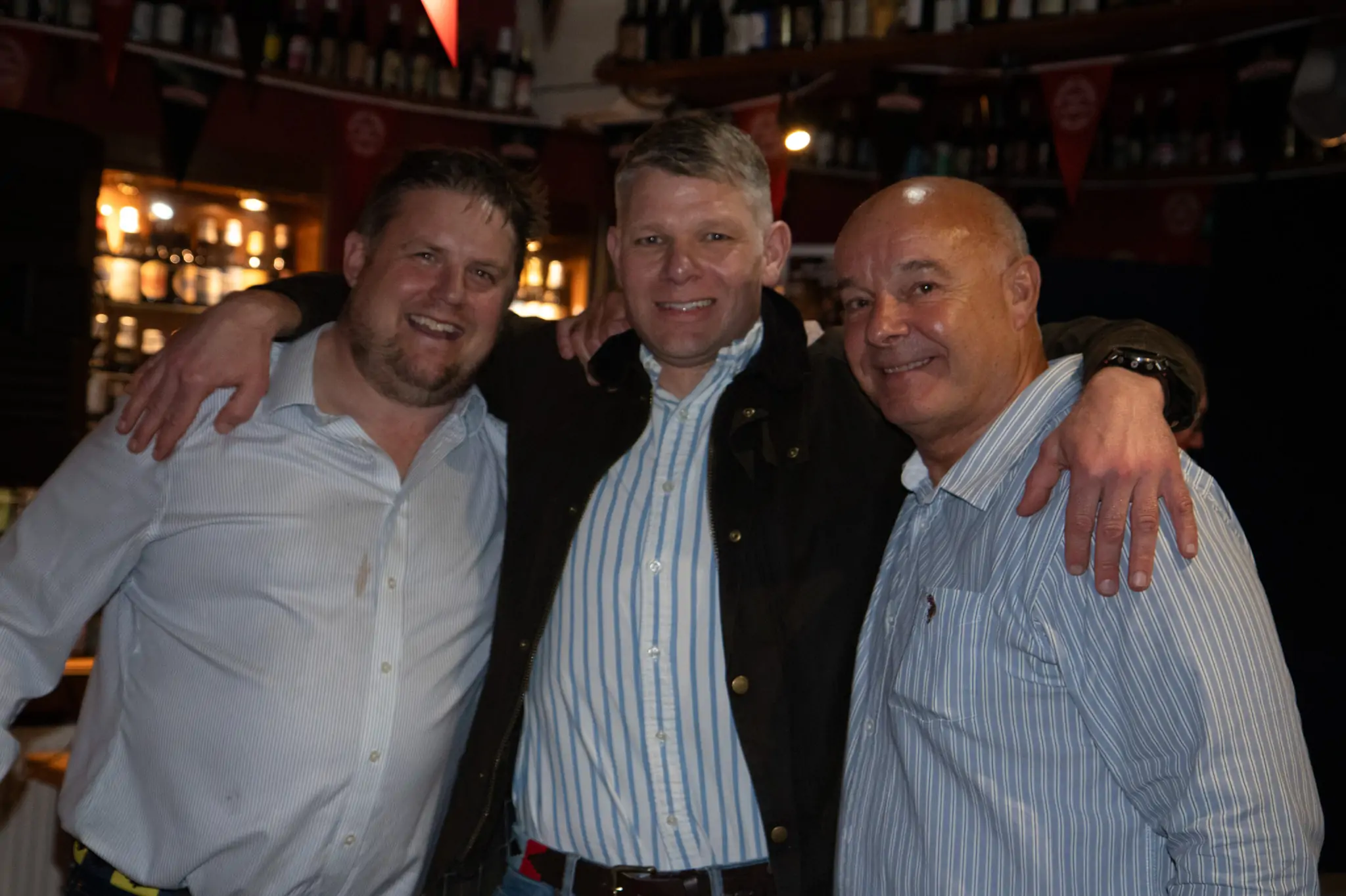 Peter Manley Pro Darts Player at the Batemans 150th anniversary celebrations darts - L-R Lee Gunton, Chris Wright and Stuart Bateman.