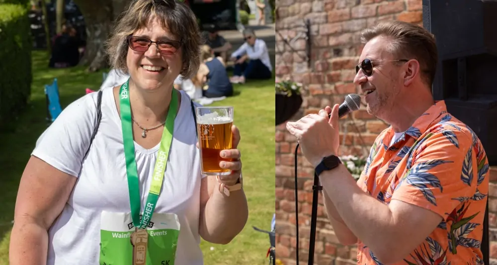 Five Generations Charity Fun Run - Beer Garden Lady posing with a pint of beer