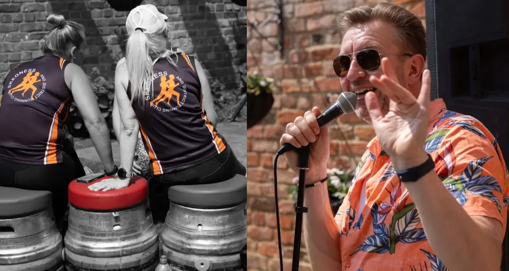 Five Generations Charity Fun Run - Beer Garden 2 women sat on beer barrels and a guy on a microphone