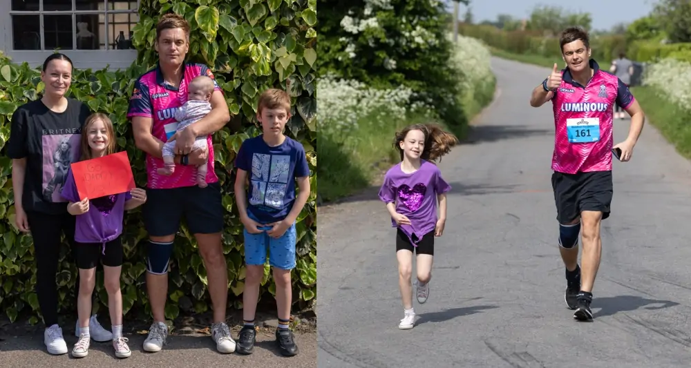 Five Generations Charity Fun Run - Runner with his family and the little girl running alongside him for moral support